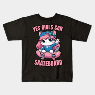 Yes Girls Can Skateboard, Skater Cat Girl Kids T-Shirt